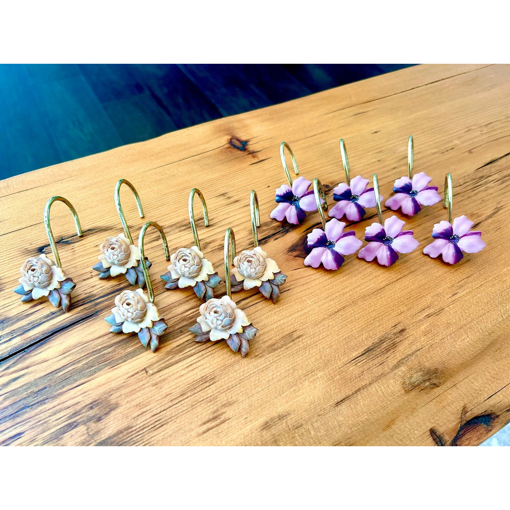 Pretty pink and brown flower shaped shower curtain rings hooks
